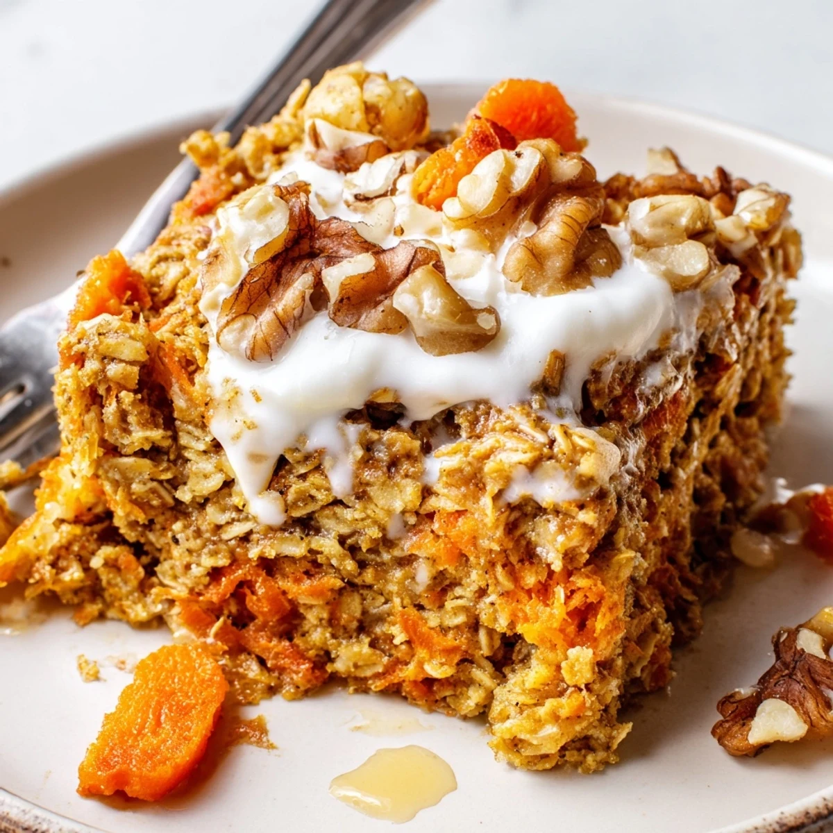 Hearty Carrot Cake Baked Oatmeal studded with walnuts, fragrant cinnamon, perfect breakfast