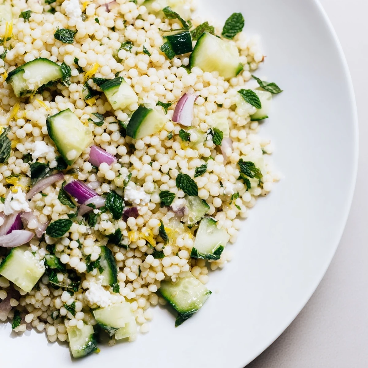 Cucumber Lemon Couscous Salad with zesty dressing, crisp cucumber, fluffy couscous.