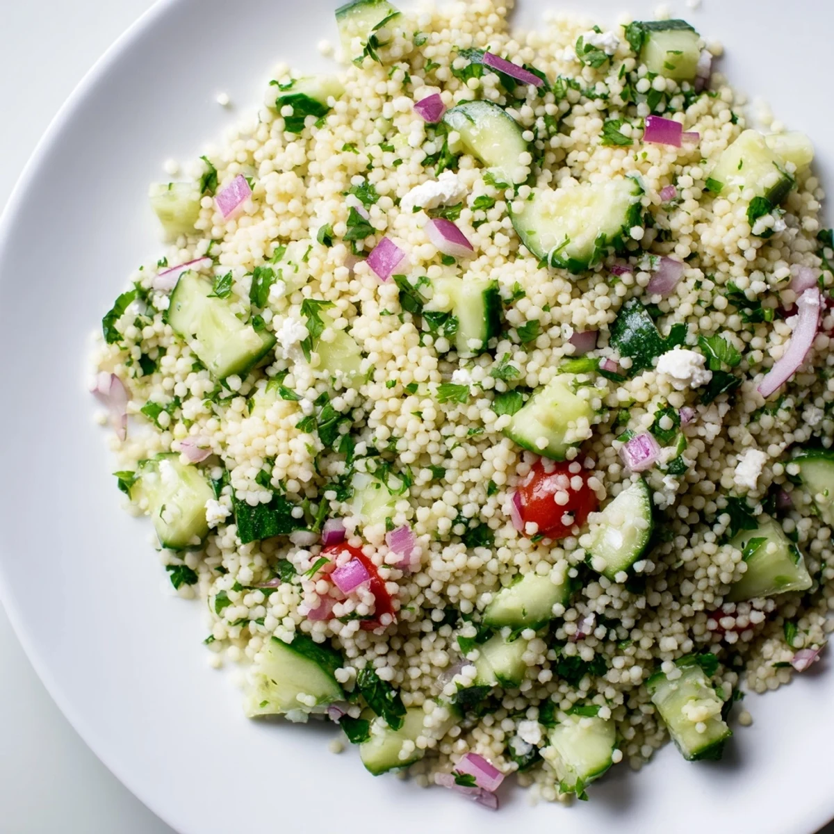 Chilled Cucumber Lemon Couscous Salad tossed in olive oil and fresh herbs.