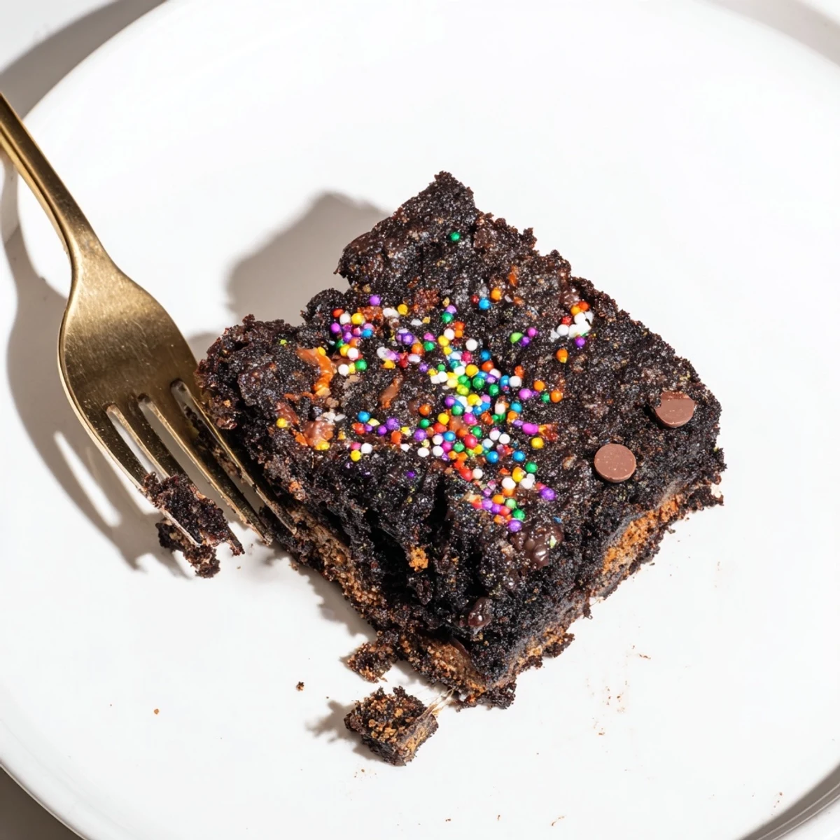 Warm Sourdough Cosmic Chocolate Brownies with gooey center and rainbow sprinkles