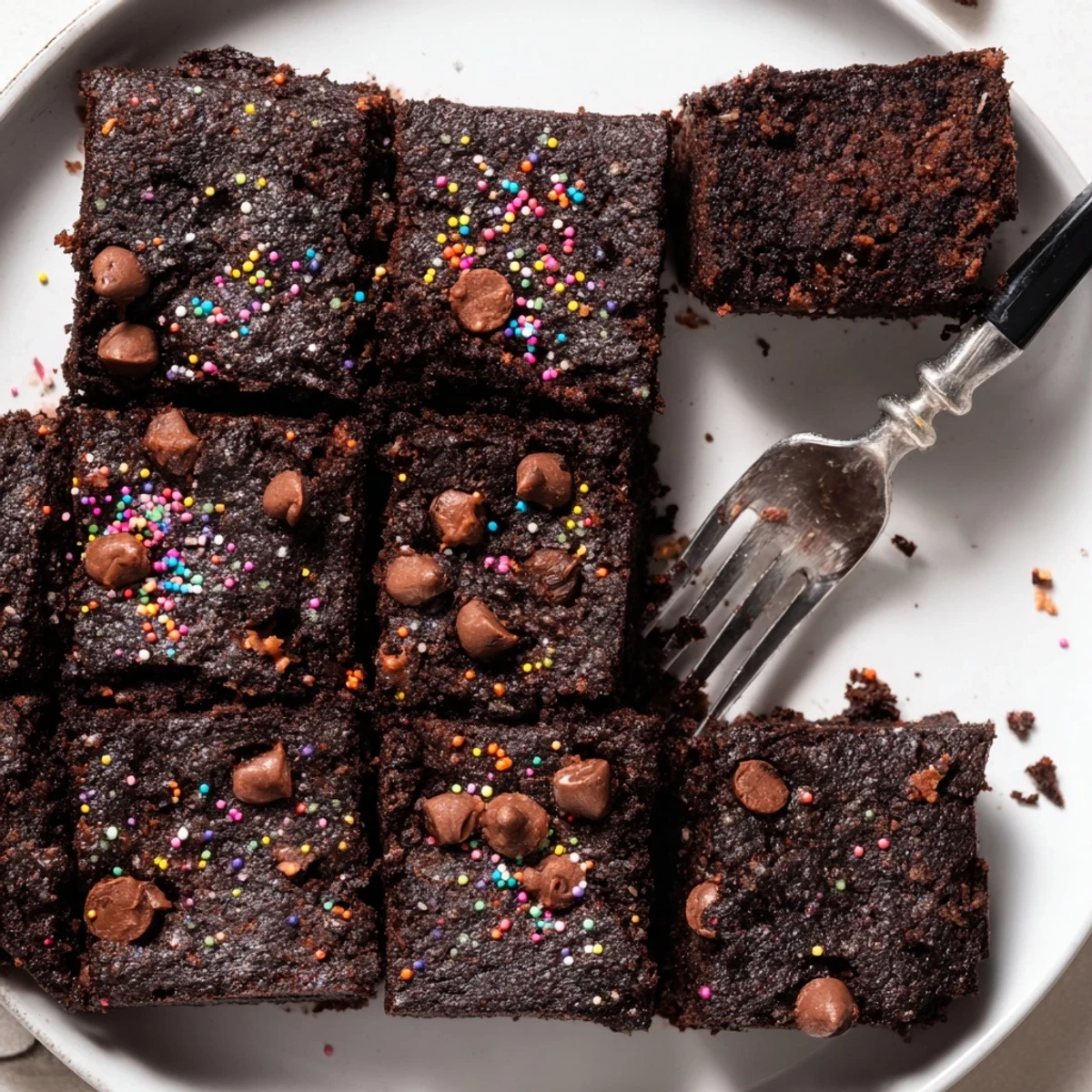 Square of Sourdough Cosmic Chocolate Brownies served with a scoop of vanilla ice cream