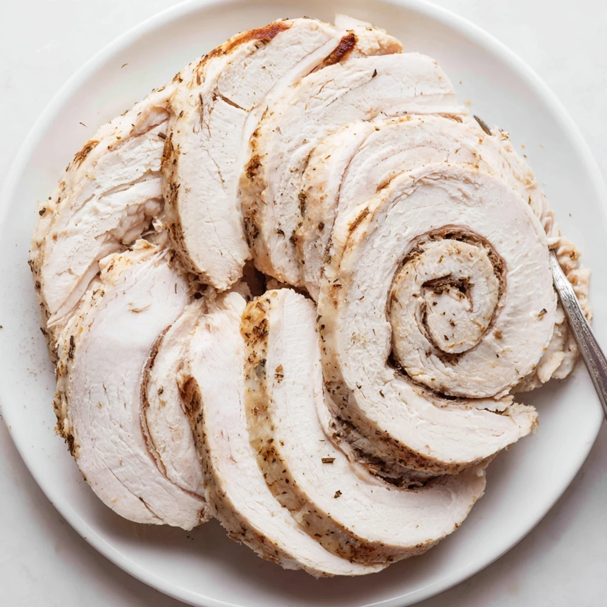 Thinly sliced Homemade Sandwich Deli Meat glistening topped with whole grain mustard