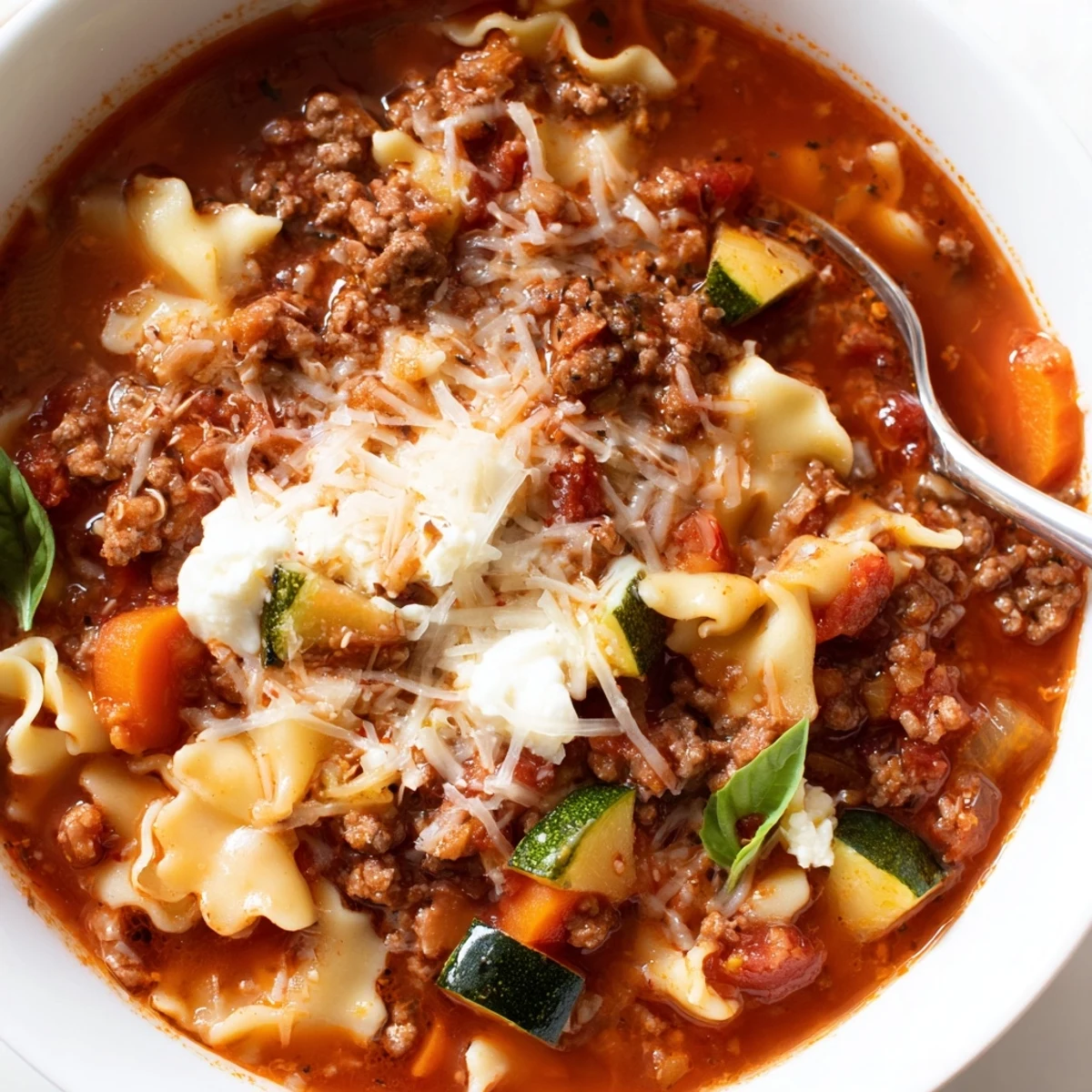 One Pot Lasagna Soup steaming bowl with melted ricotta, basil garnish