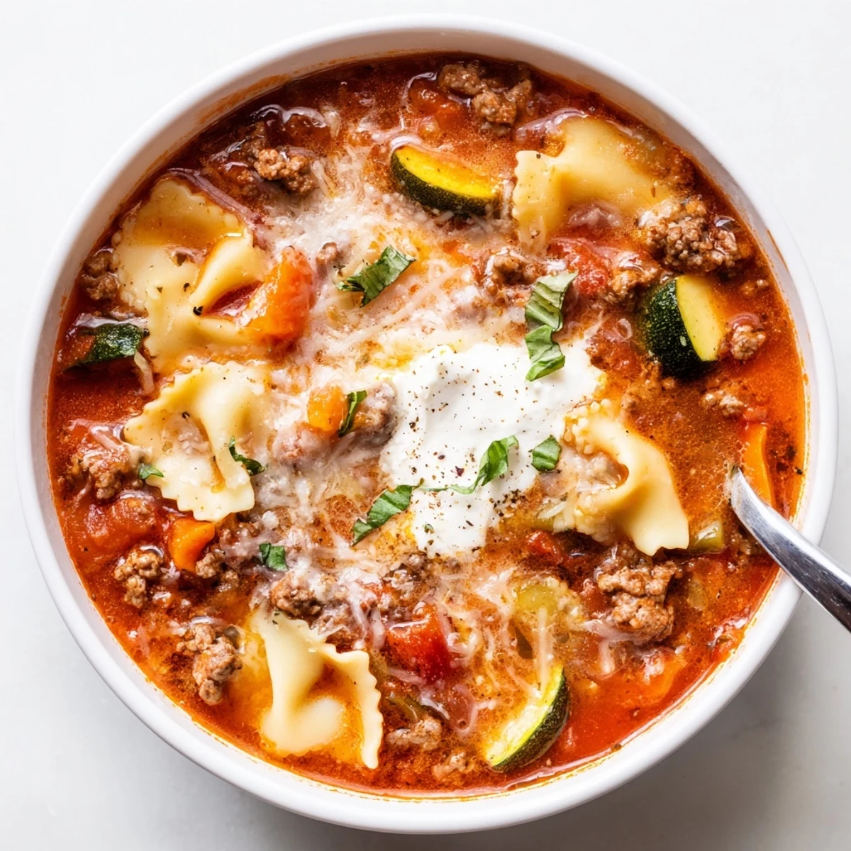 Hearty One Pot Lasagna Soup ladled into rustic bowl beside garlic toast