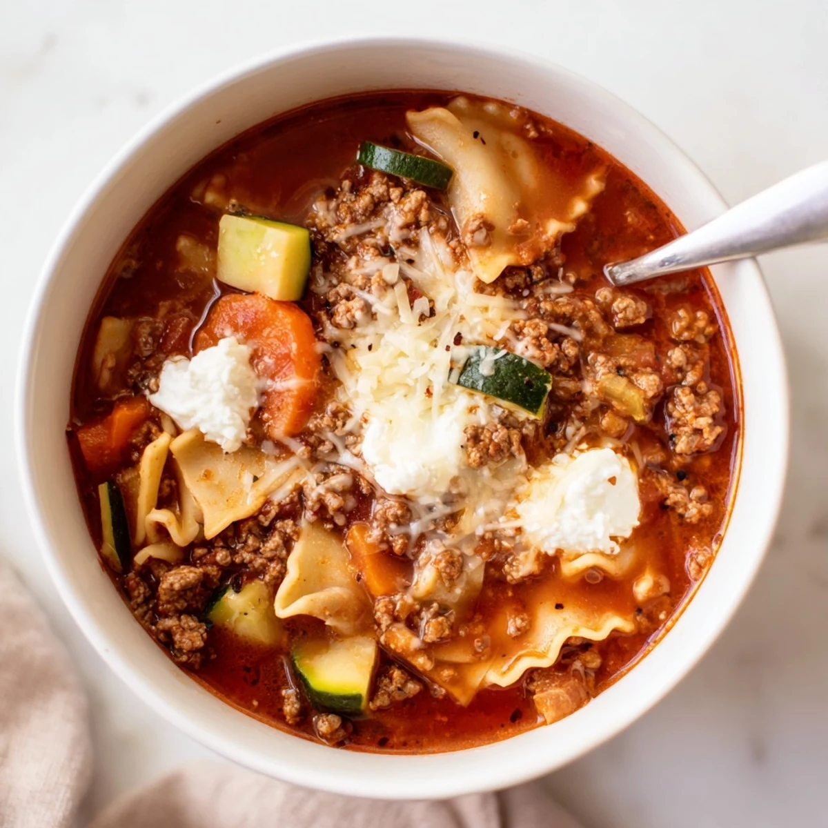 Cheesy One Pot Lasagna Soup bubbling in pot, pasta and browned meat