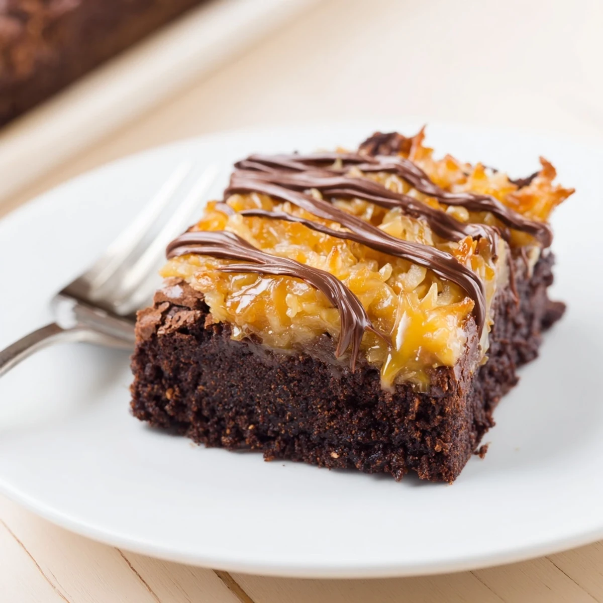 Samoa Brownies with gooey caramel and toasted coconut, drizzled with chocolate
