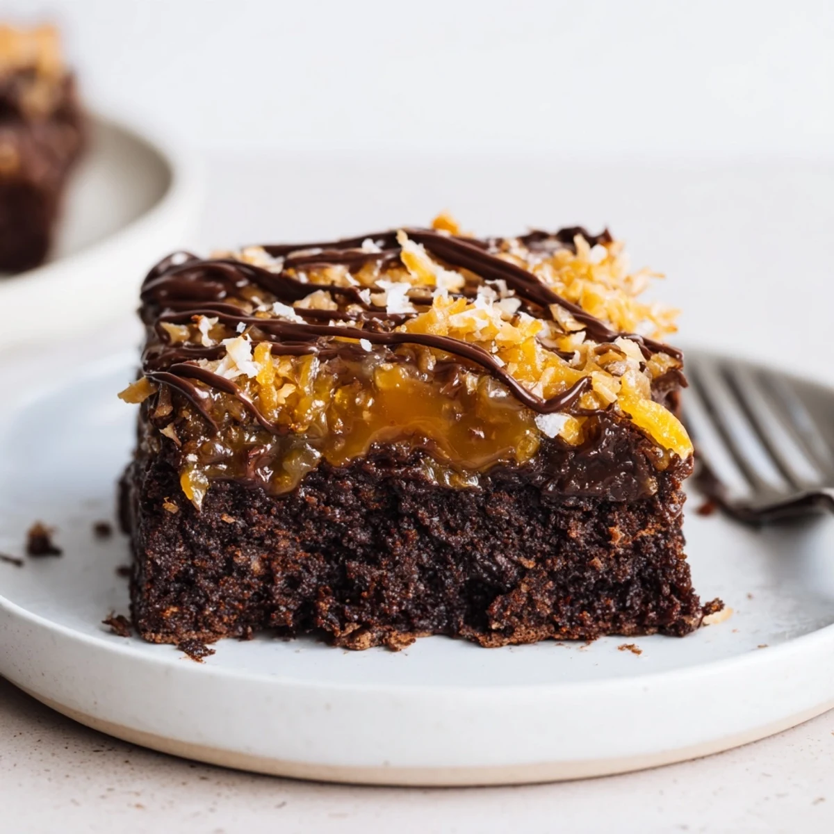Fudgy Samoa Brownies cut into squares, sticky caramel, crisp coconut flakes