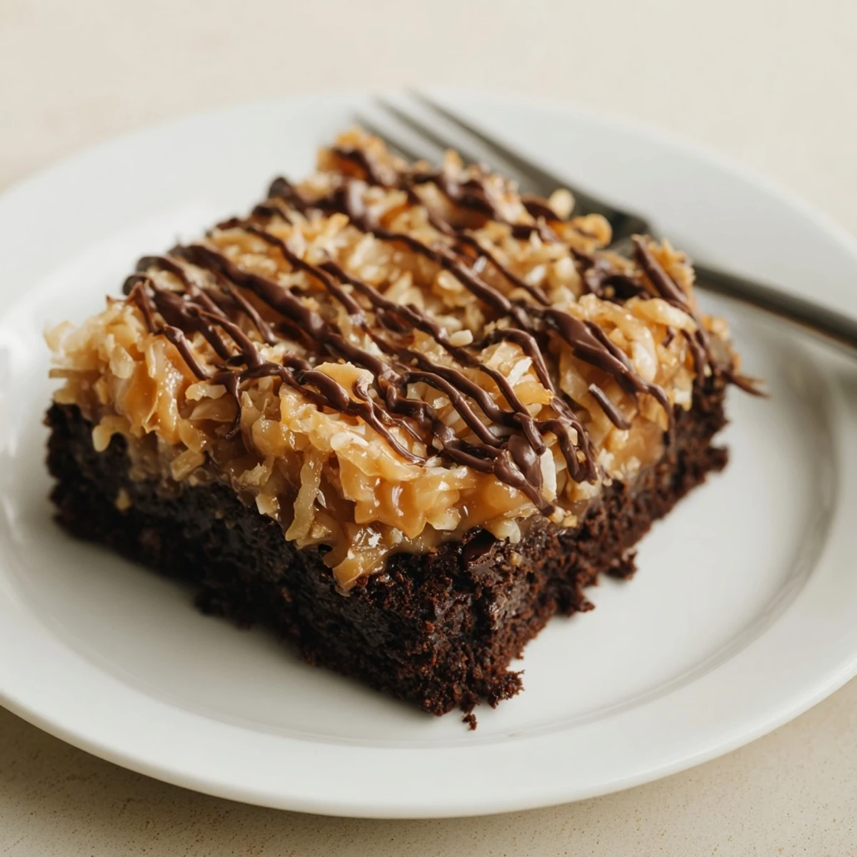 Chilled Samoa Brownies topped with melted chocolate drizzle and a sprinkle sea salt