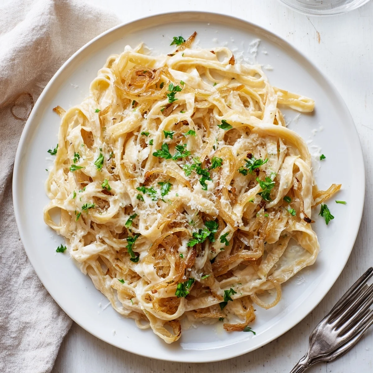 Golden brown caramelized onion cream pasta coated in silky Parmesan sauce with fresh parsley garnish