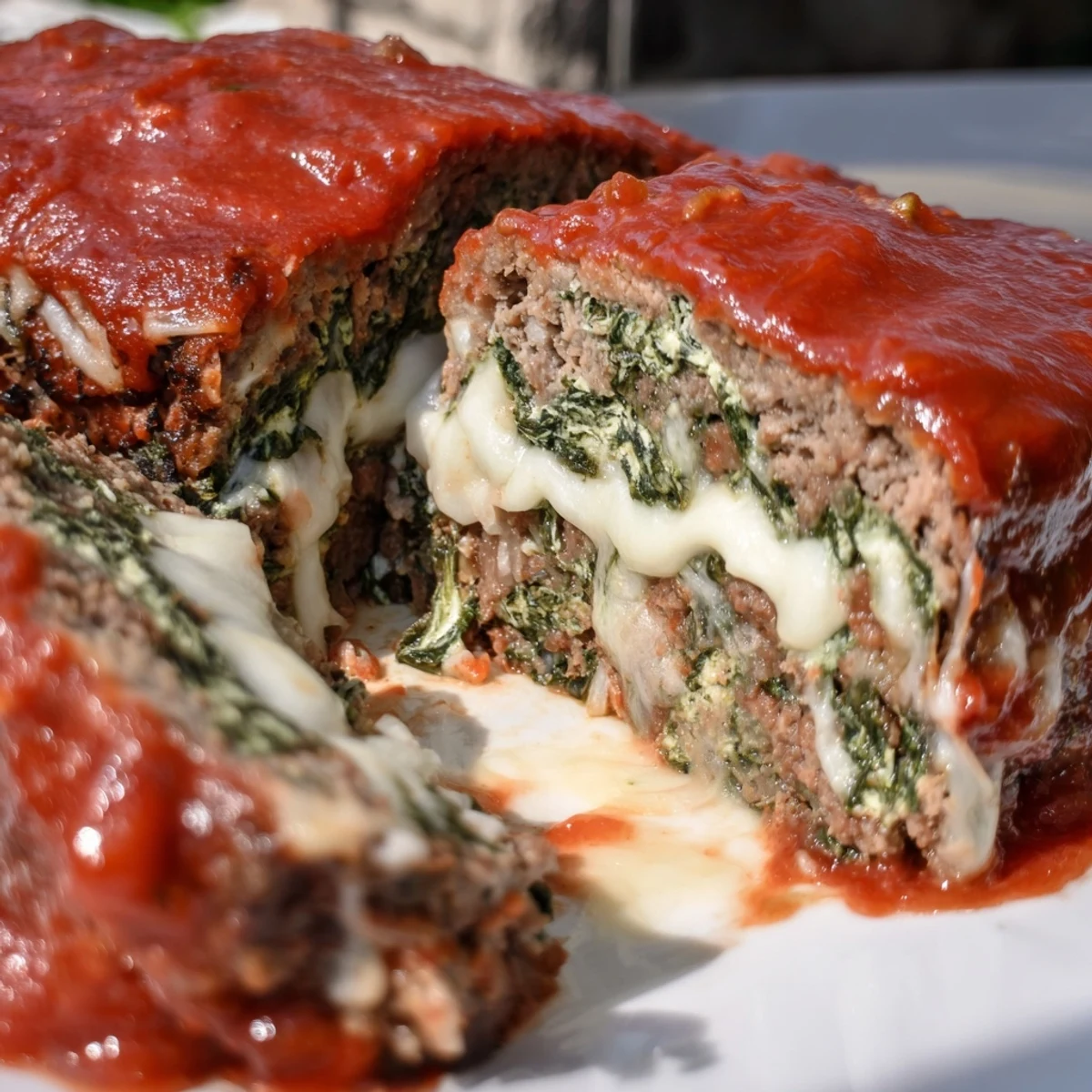 Golden brown Italian spinach mozzarella meatloaf sliced revealing melted cheese and vibrant green spinach throughout