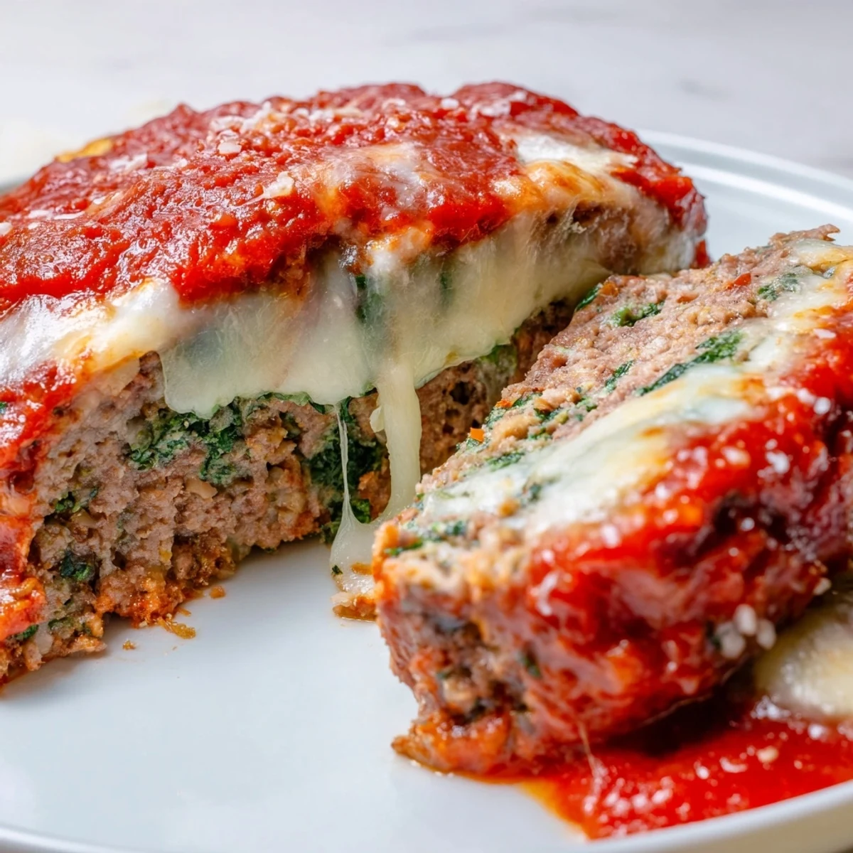 Homemade Italian spinach mozzarella meatloaf resting in a loaf pan with fresh basil garnish on top