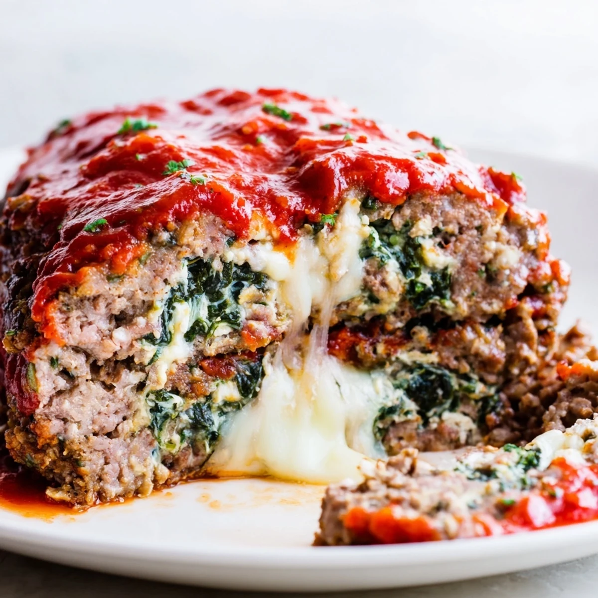 Savory meatloaf topped with marinara sauce alongside garlic mashed potatoes on a white dinner plate