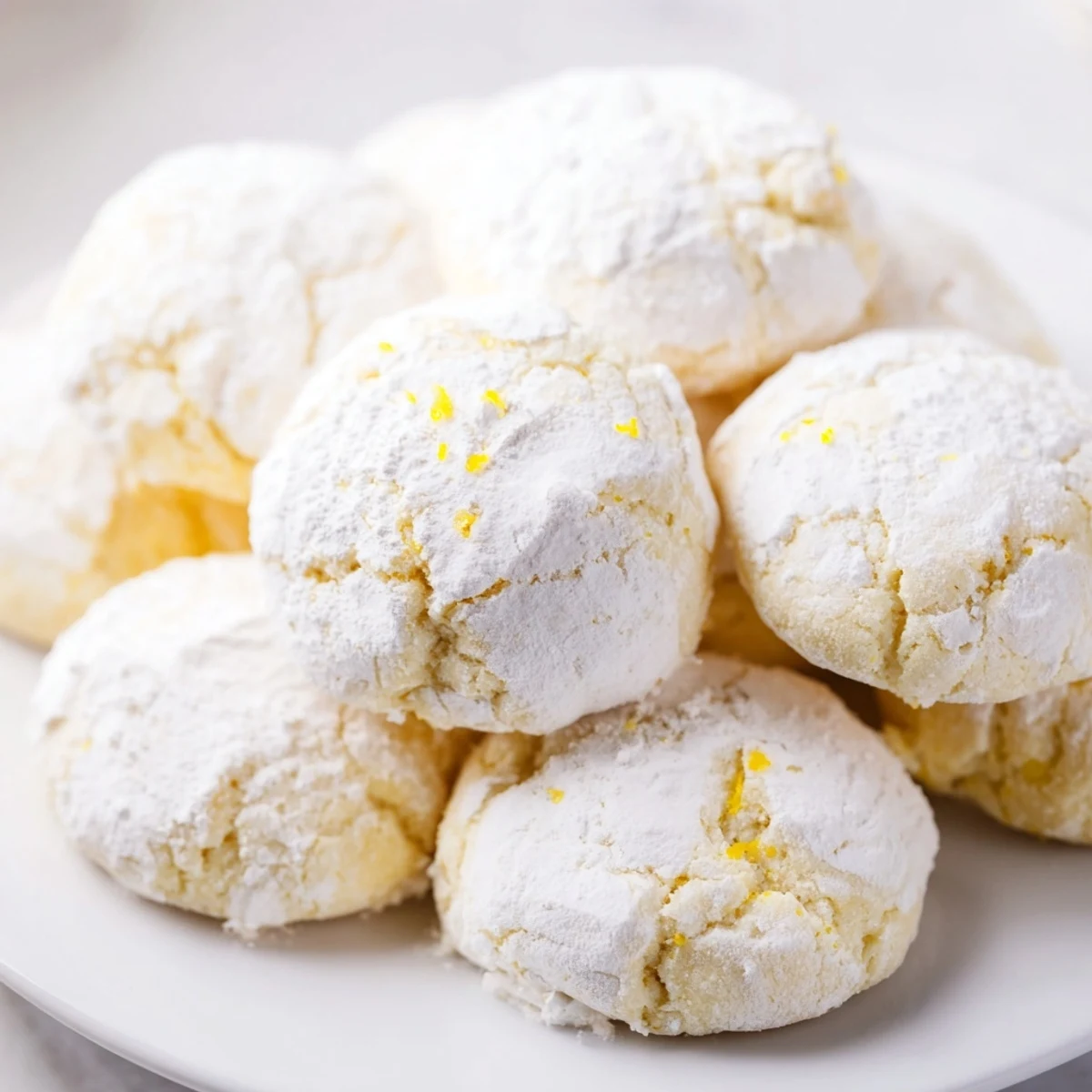 Golden lemon pixie cookies coated in powdered sugar on a white baking sheet