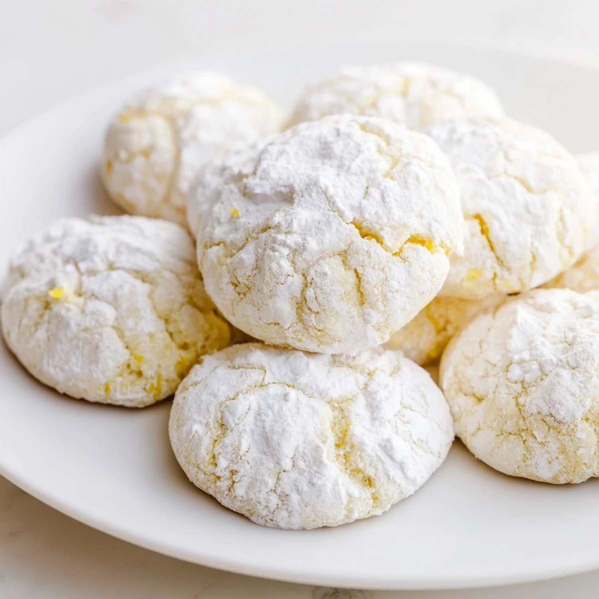 Plate of tangy lemon pixie cookies dusted with powdered sugar and lemon zest