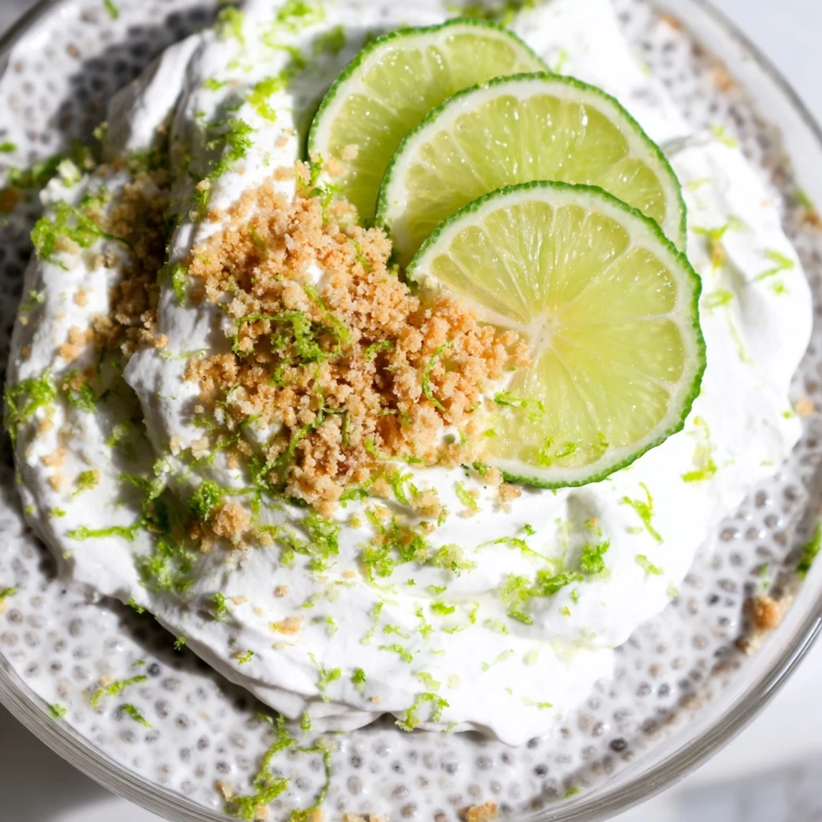 Creamy key lime chia pudding topped with fresh lime slices and coconut whipped cream in a glass jar