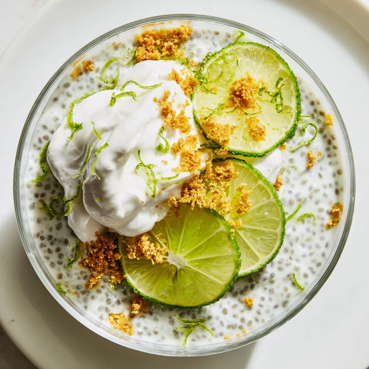 Thick and tangy key lime chia pudding garnished with fresh key lime wedges and fluffy coconut cream topping