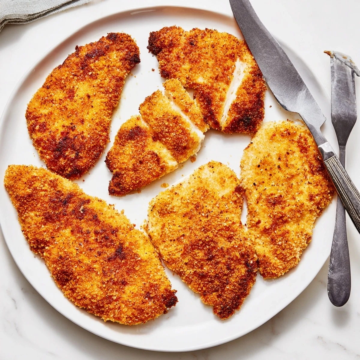 Golden fried chicken breast with crispy breadcrumb coating served on a white plate