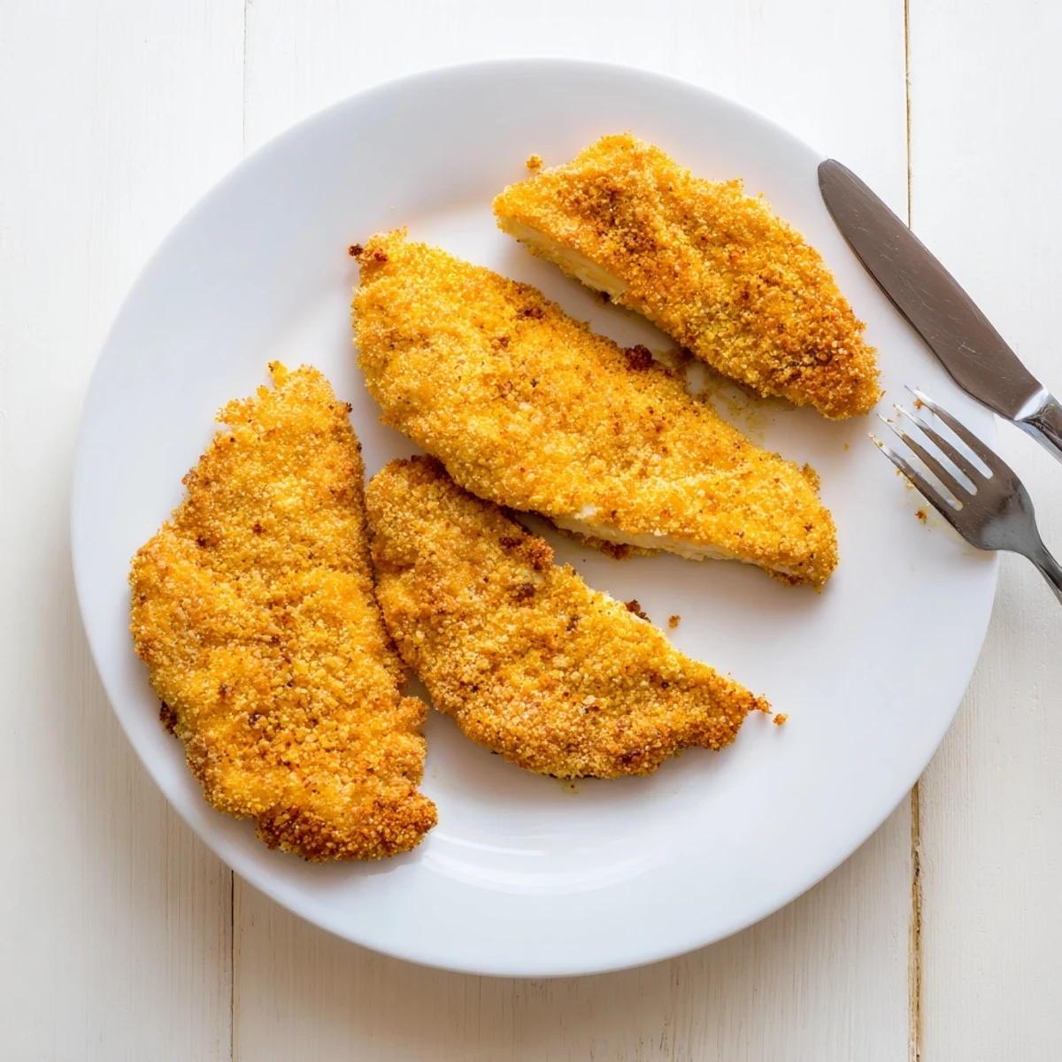 Homemade fried chicken breast plated with visible golden brown crispy breading texture