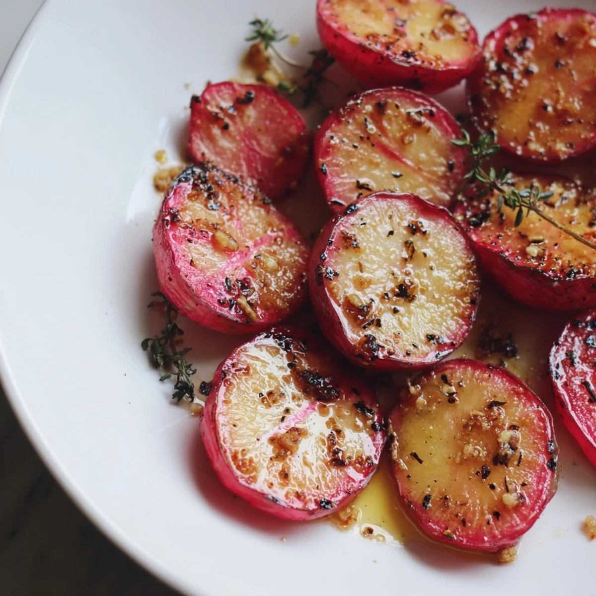 Golden brown garlic roasted radishes arranged on a white serving platter with fresh parsley garnish