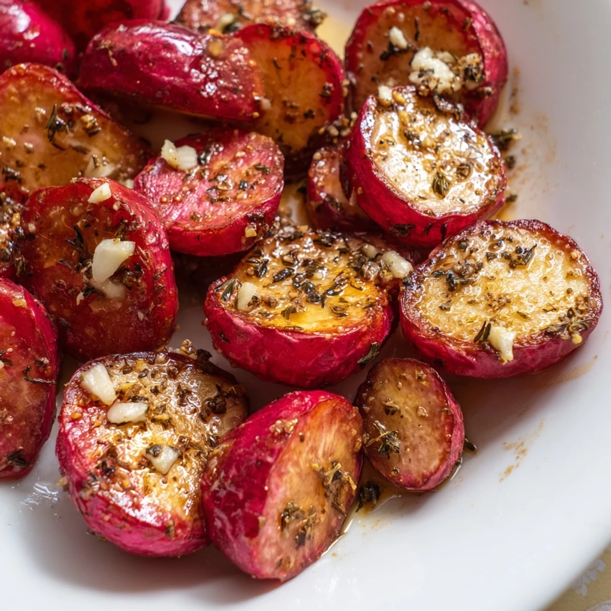 Tender caramelized radishes roasted with garlic and thyme on a rustic baking sheet close-up