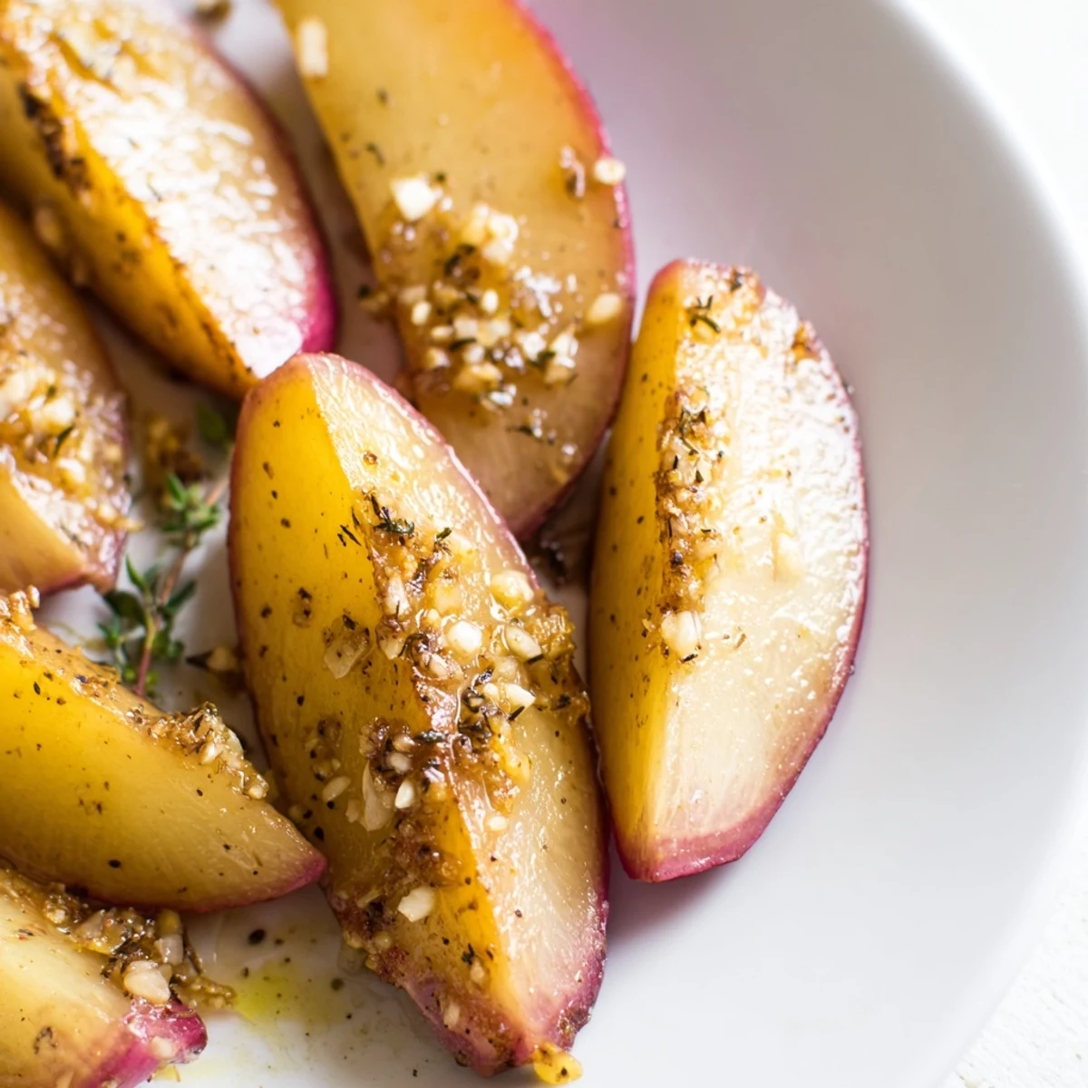 Plate of buttery roasted radishes with golden edges and minced garlic coating, served warm