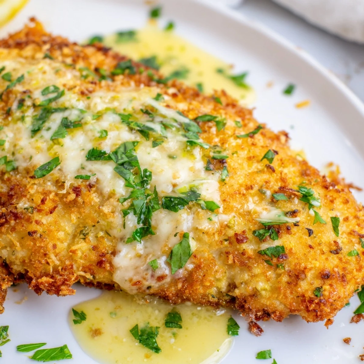 Golden crispy Lemon Chicken Romano with bubbling lemon butter sauce and fresh parsley garnish