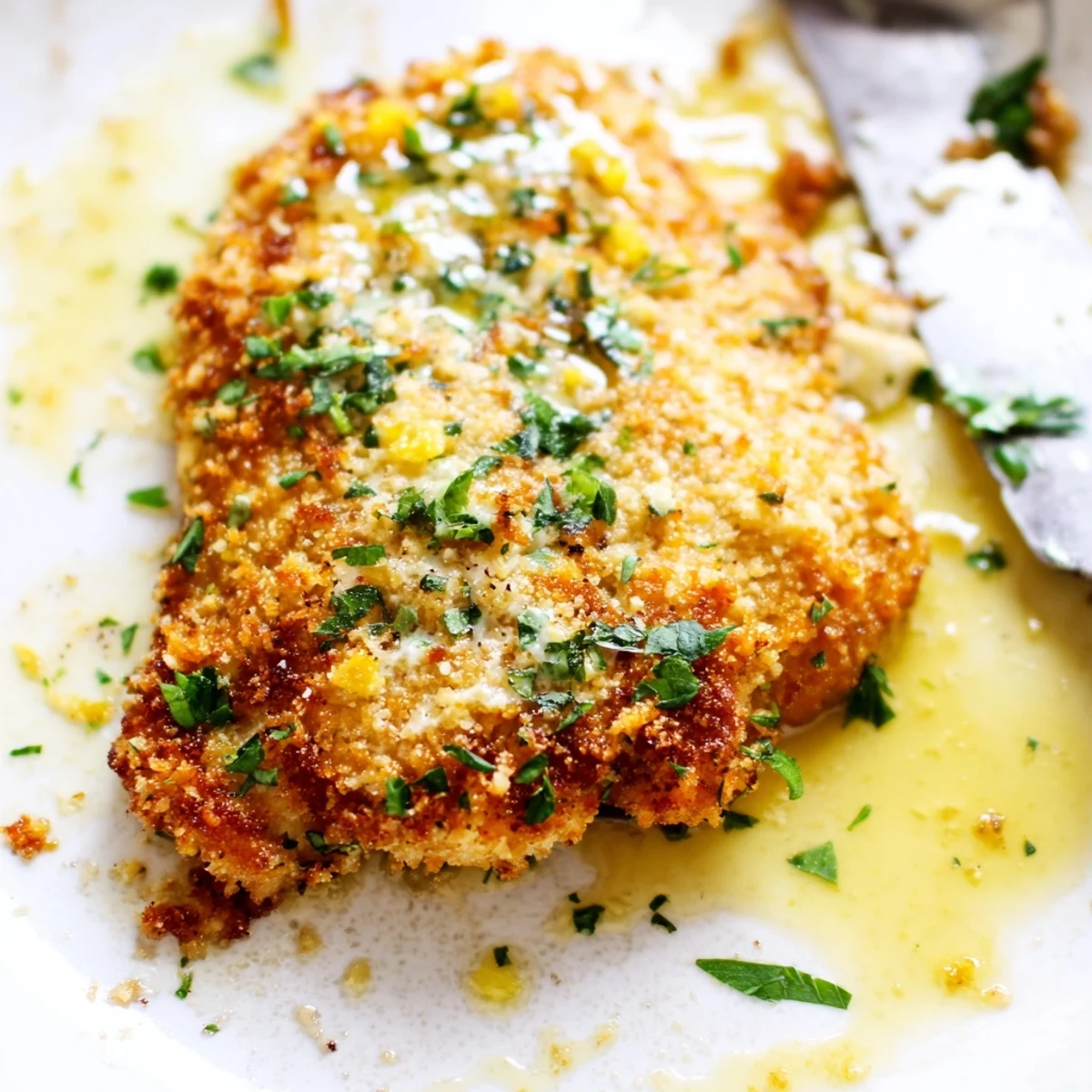 Pan-fried Lemon Chicken Romano cutlets served on white plate with tangy garlic lemon sauce