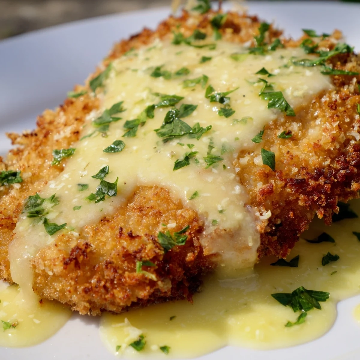 Crispy breaded Lemon Chicken Romano topped with Romano cheese and zesty lemon butter drizzle