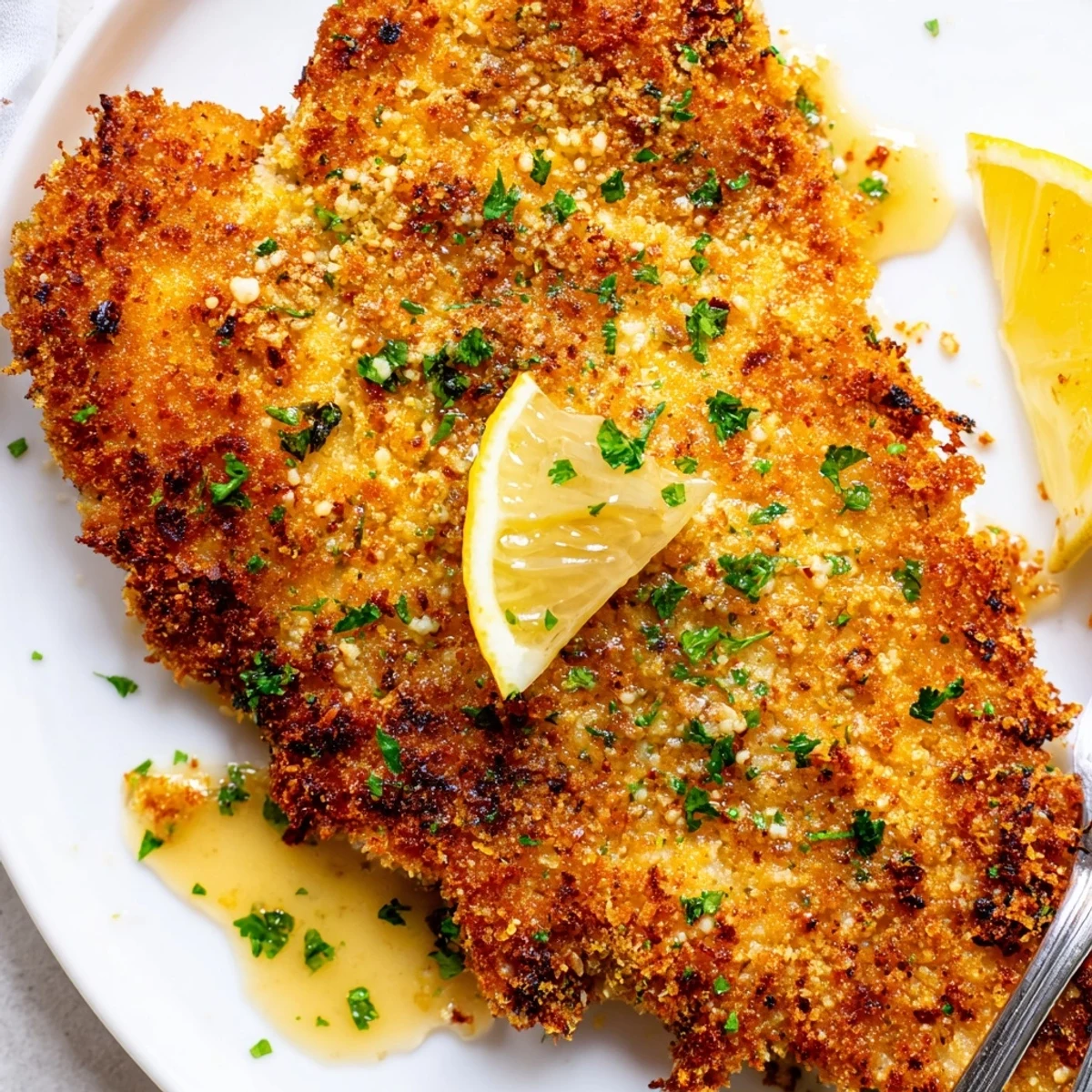 Lemon Chicken Romano served over angel hair, golden crust, bright lemon sauce