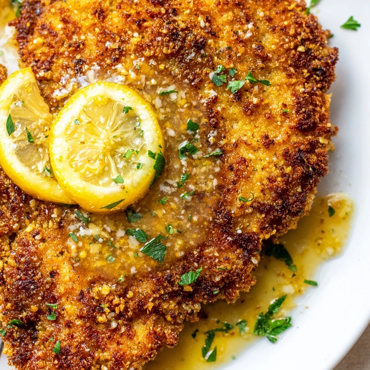 Crispy, cheese encrusted Lemon Chicken Romano finished with a tangy lemon-butter drizzle