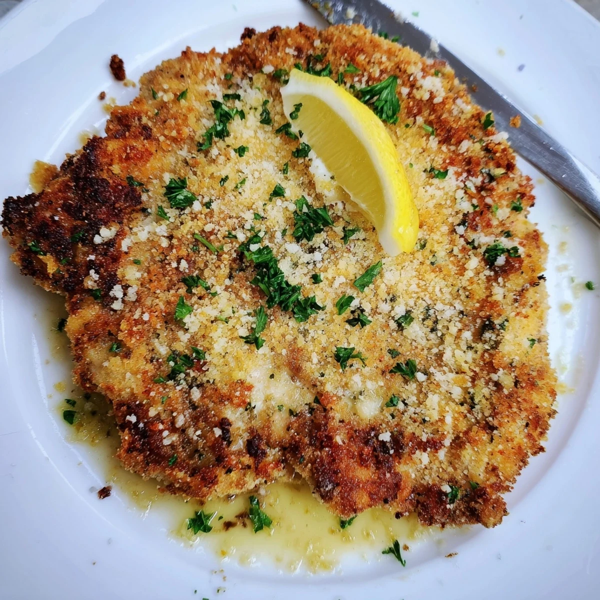 Sliced Lemon Chicken Romano plated with parsley, lemon slices, and warm pan juices