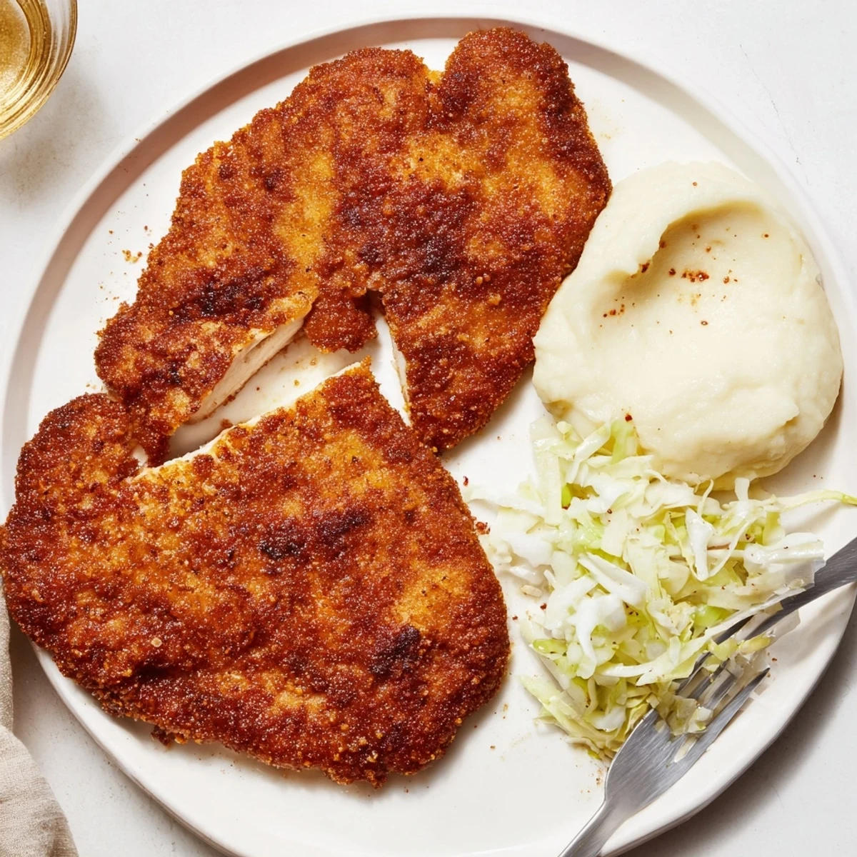 Fried Chicken Breast, golden crispy crust and juicy interior on plate.