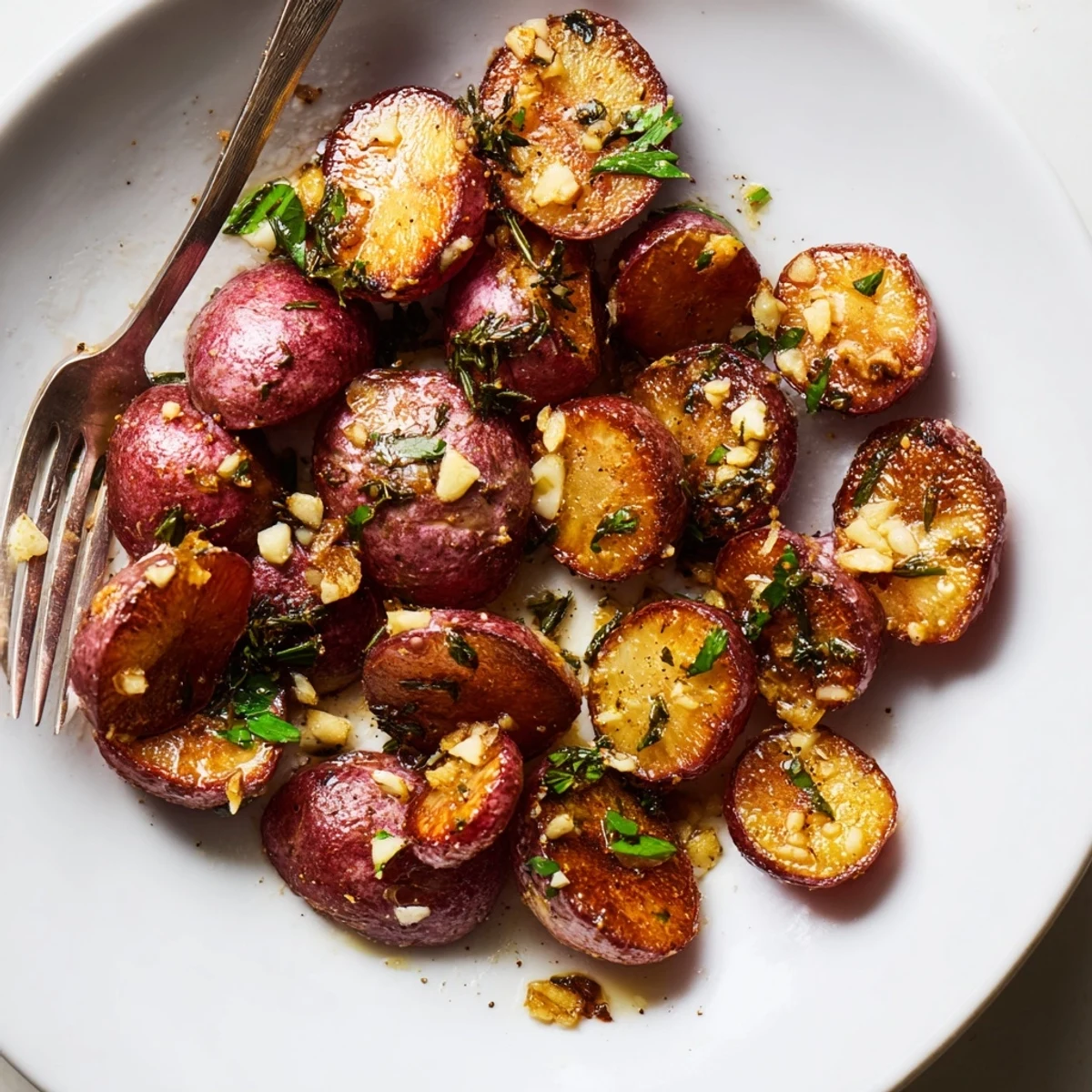Garlic Roasted Radishes sizzling golden edges, tender centers, garnished with parsley