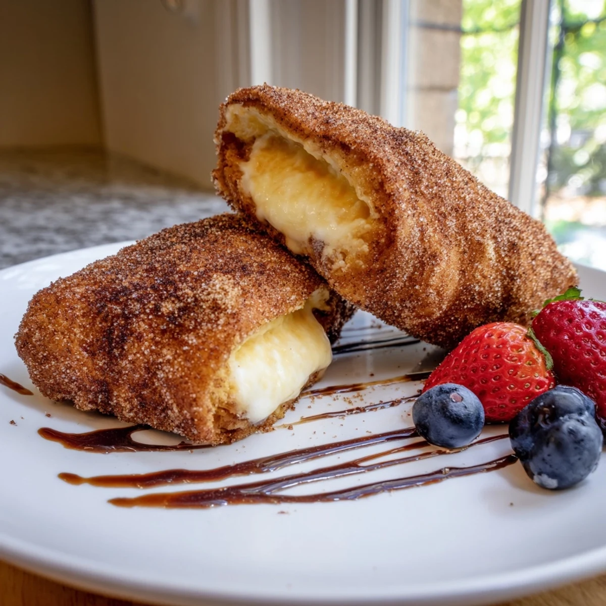Golden crispy cheesecake chimichangas coated in warm cinnamon sugar on a rustic plate