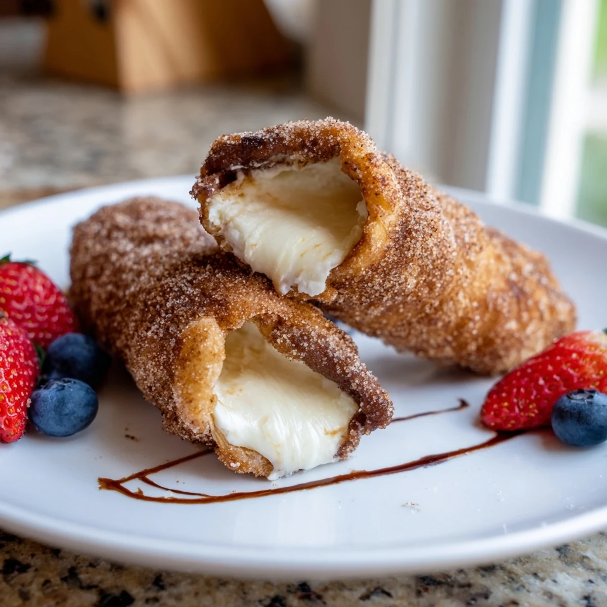 Creamy cheesecake chimichangas drizzled with caramel sauce and topped with fresh berries