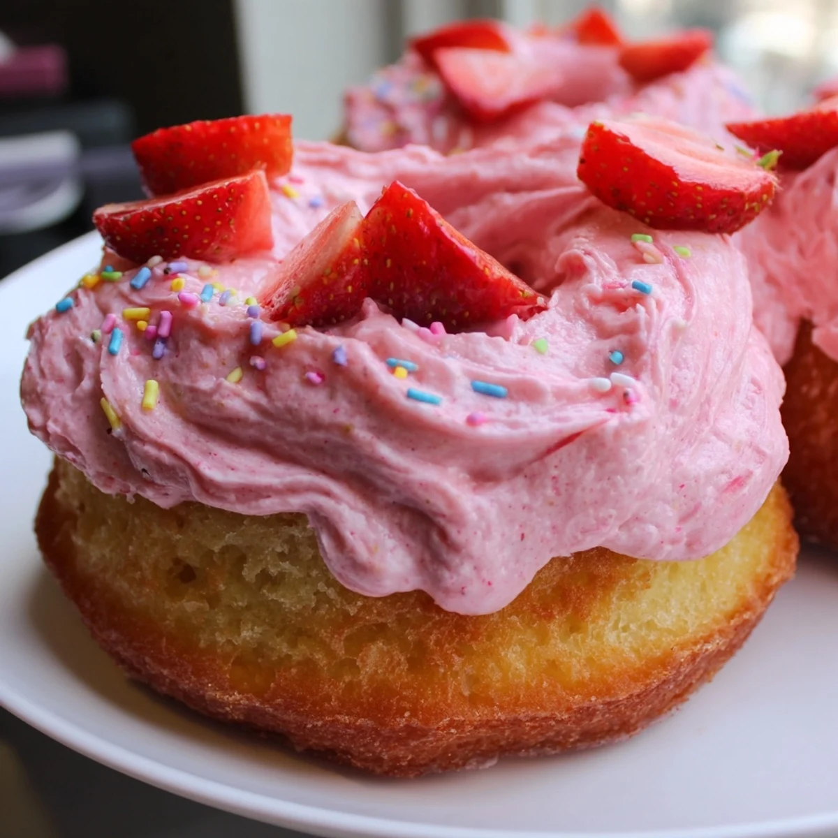 Fluffy Strawberry Buttercream Frosted Donuts on a wire rack with creamy pastel pink icing piled high