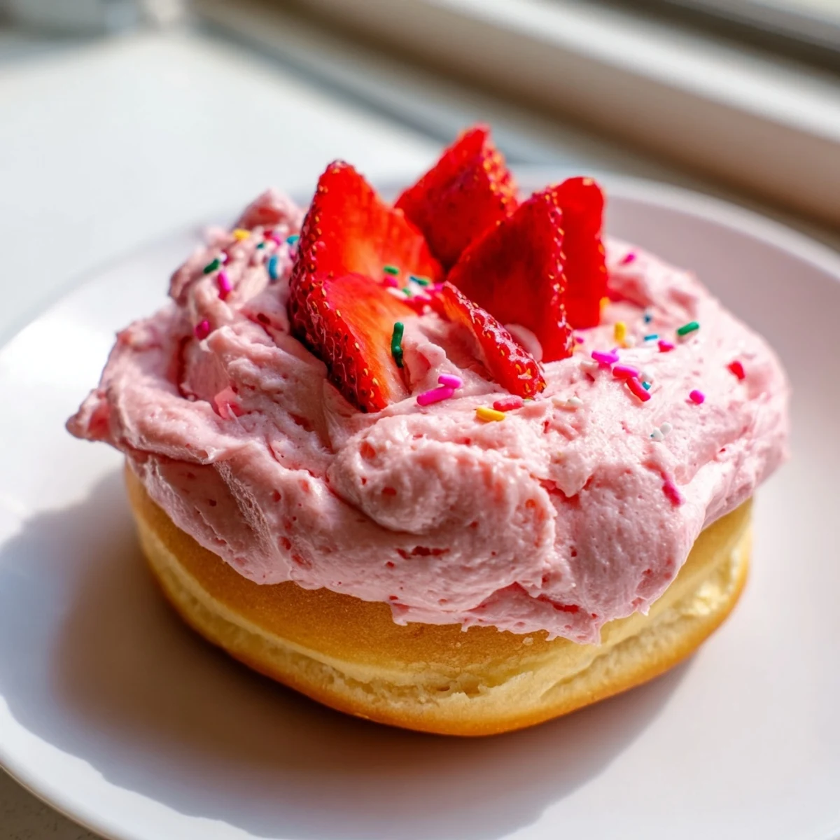 Golden baked Strawberry Buttercream Frosted Donuts topped with swirls of pink frosting and fresh berry slices