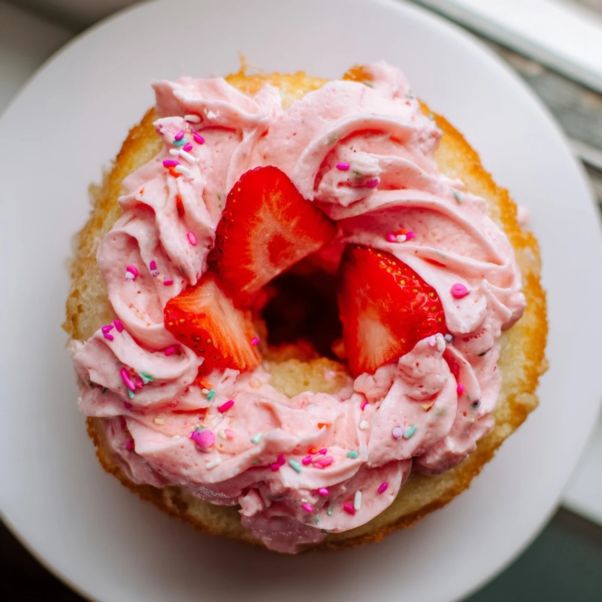 A dozen Strawberry Buttercream Frosted Donuts arranged on a white plate with sprinkles and strawberry garnish