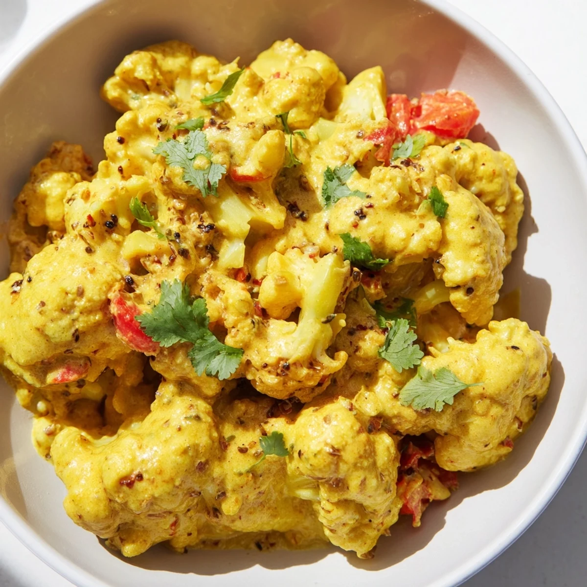 Creamy Greek Yogurt Cauliflower Curry in a golden spiced sauce with fresh cilantro garnish