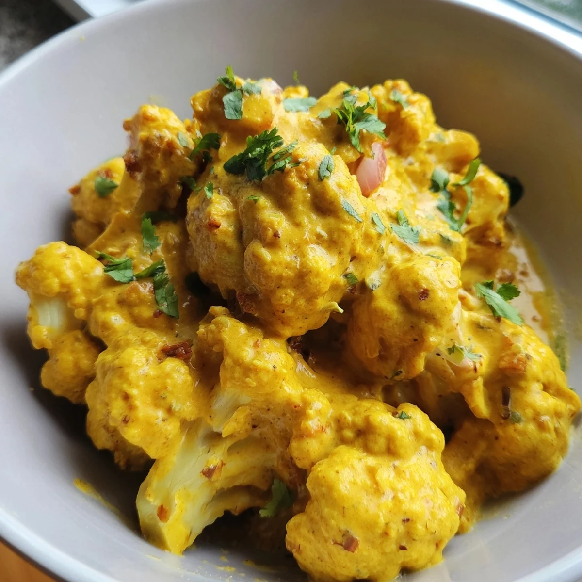 Tender cauliflower florets coated in a rich Greek Yogurt Cauliflower Curry over warm basmati rice