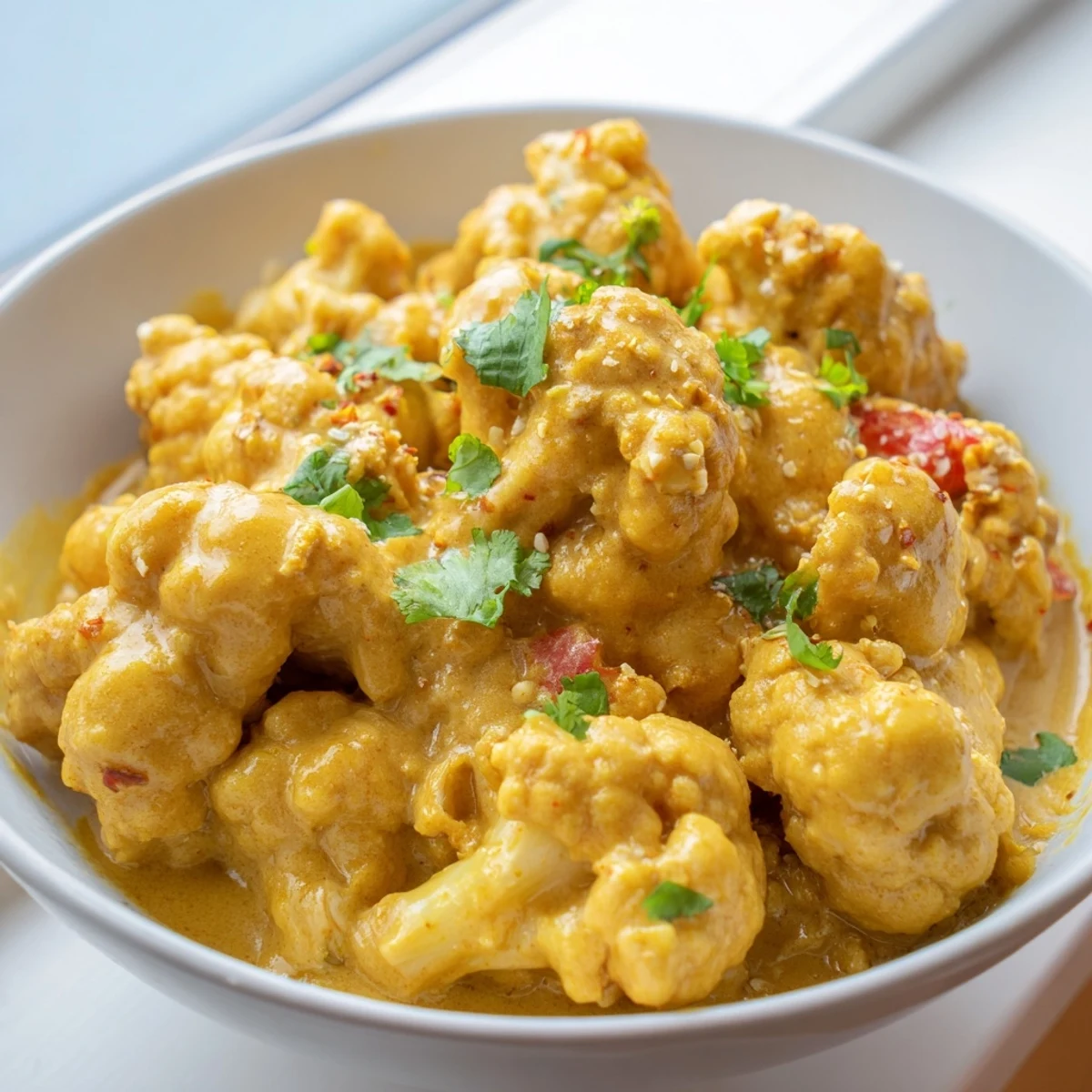 Vibrant Greek Yogurt Cauliflower Curry served steaming in a rustic bowl with naan bread