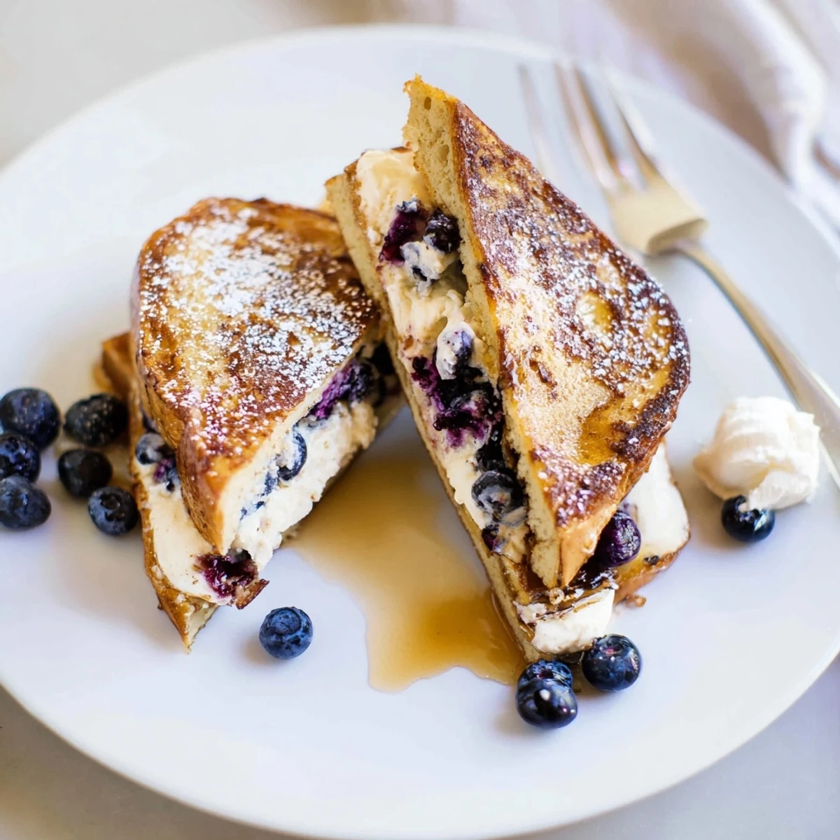 Golden blueberry cheesecake stuffed French toast dusted with powdered sugar on a white plate