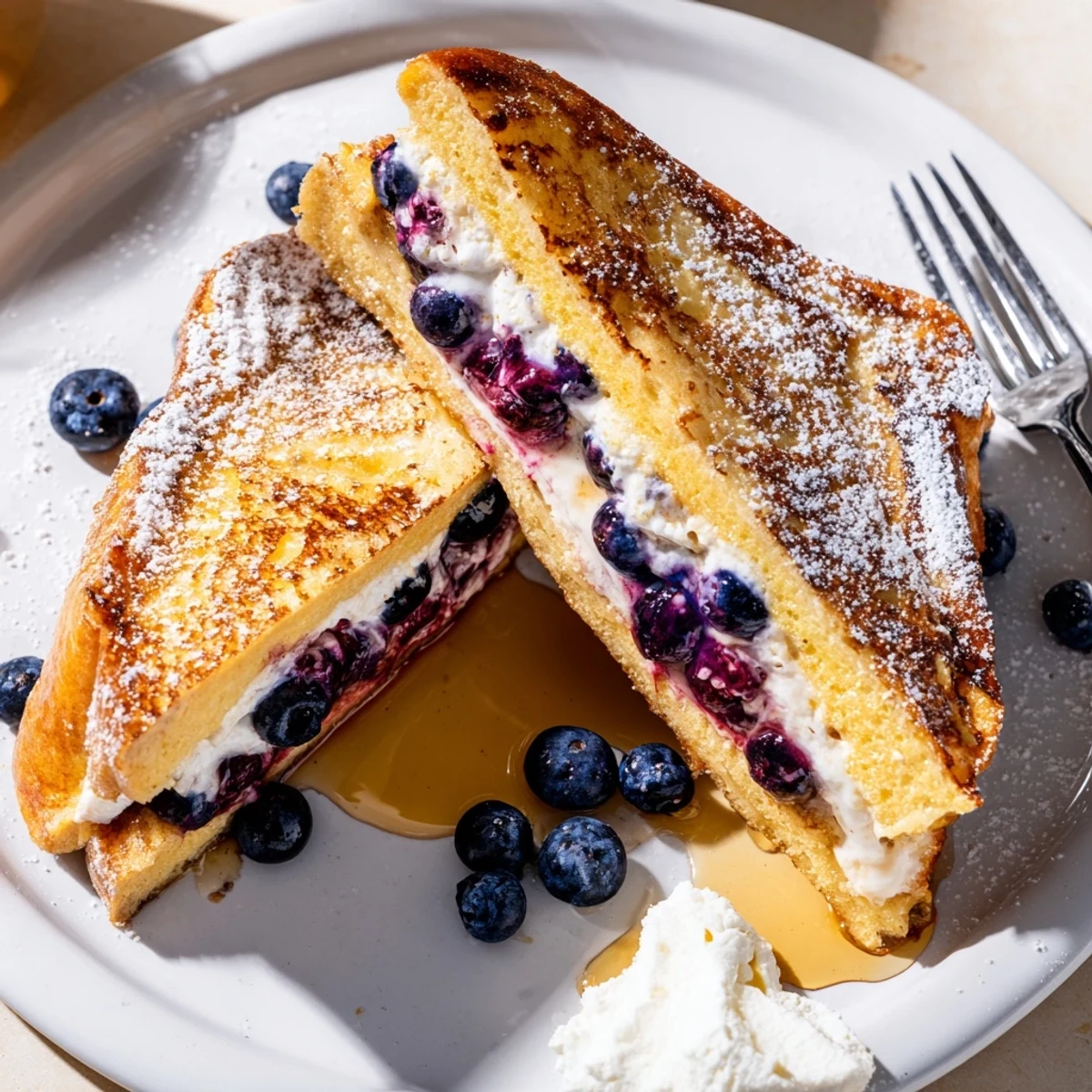 Creamy blueberry cheesecake stuffed French toast drizzled with maple syrup and fresh berries