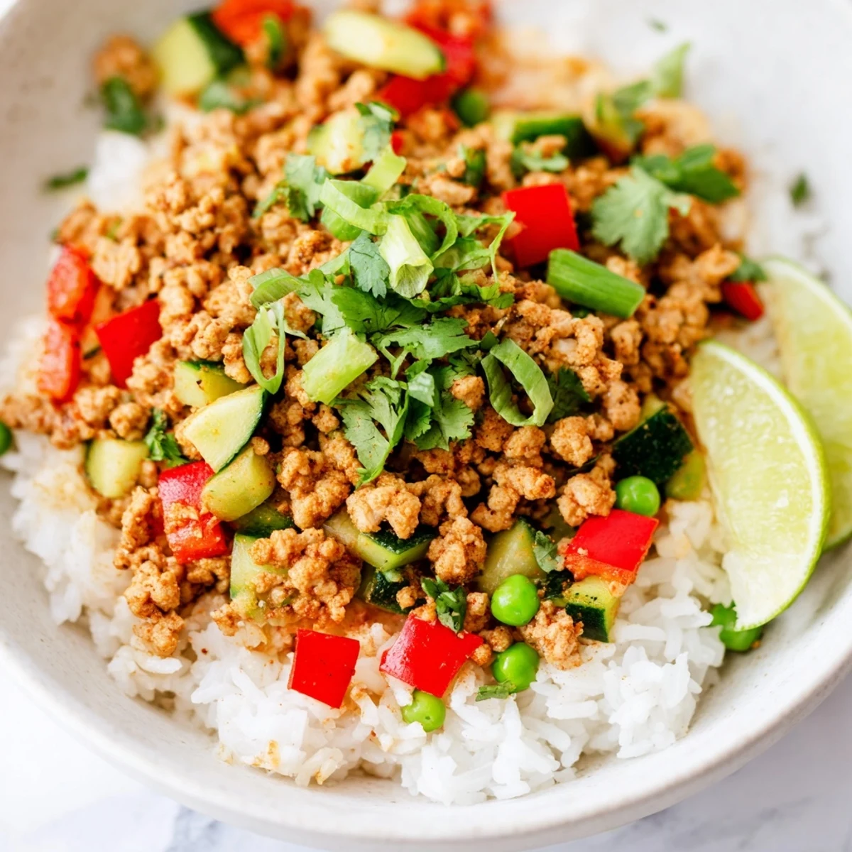 Warm spiced turkey rice bowls topped with colorful peppers, zucchini, and fresh cilantro