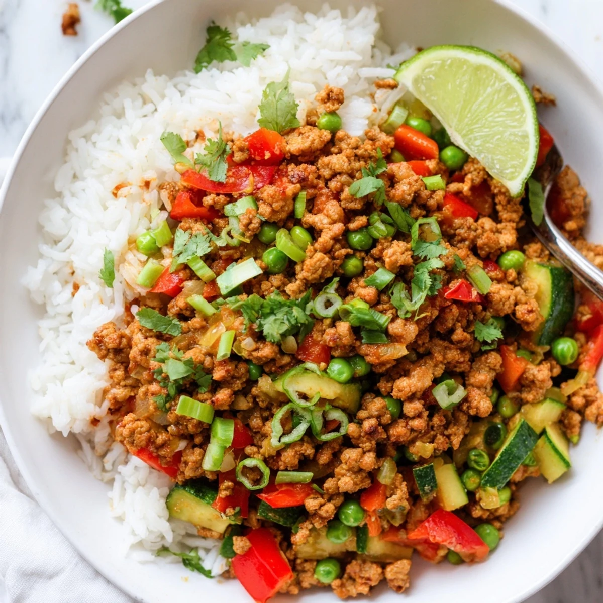 Hearty spiced turkey rice bowls served over fluffy grains with bright lime wedges