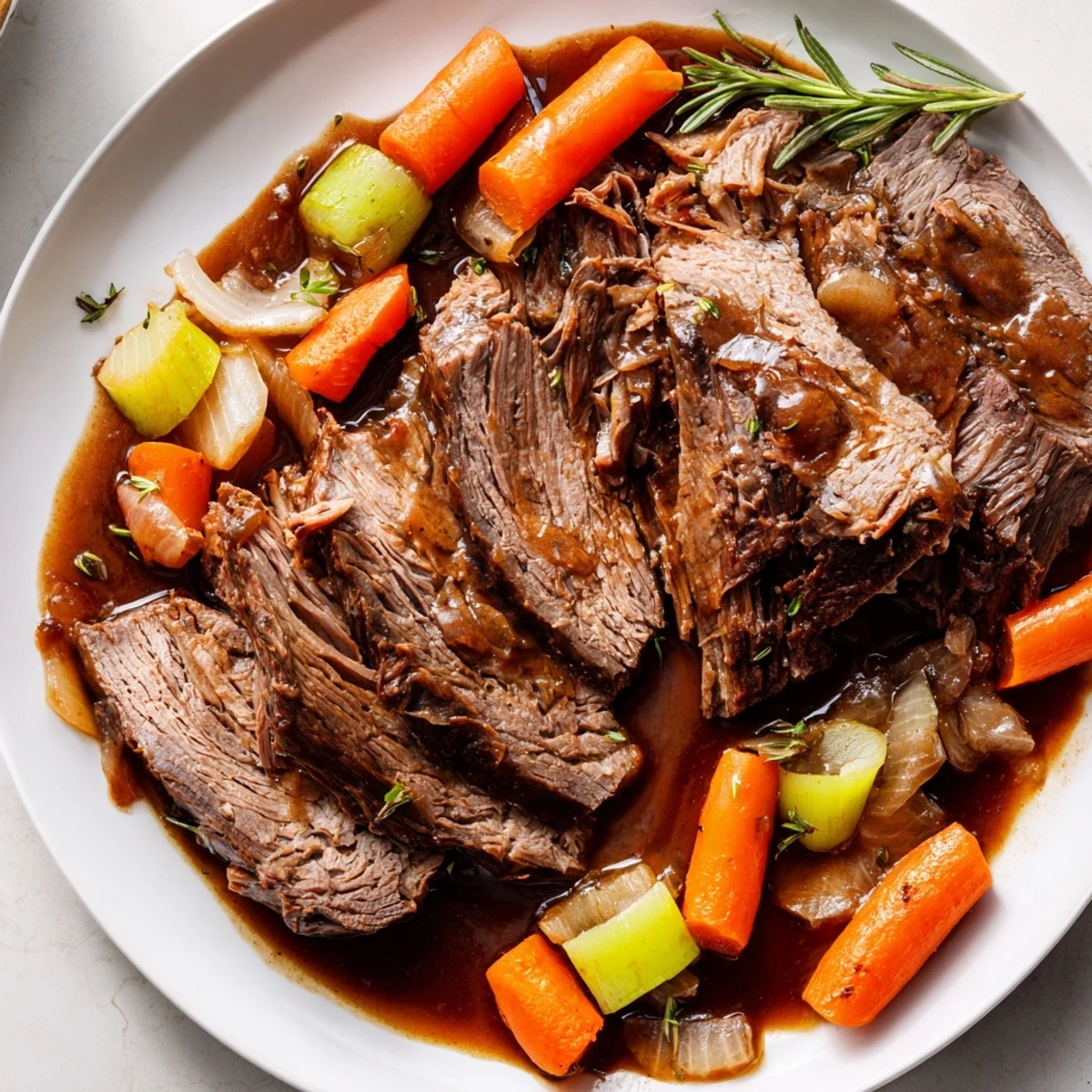 Tender perfect pot roast with carrots and pan juices on a rustic plate