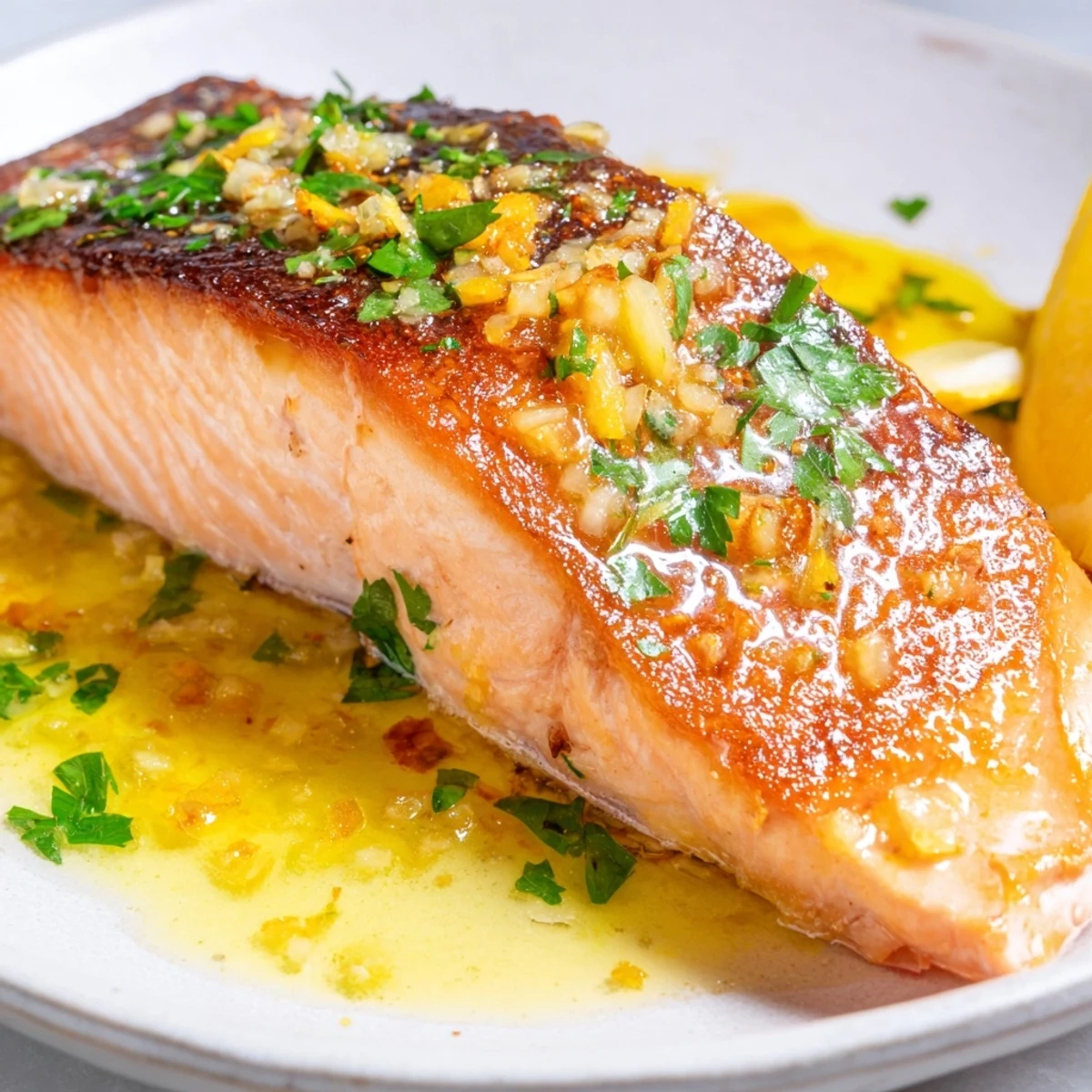Golden garlic butter salmon fillets glistening in a zesty lemon herb pan sauce