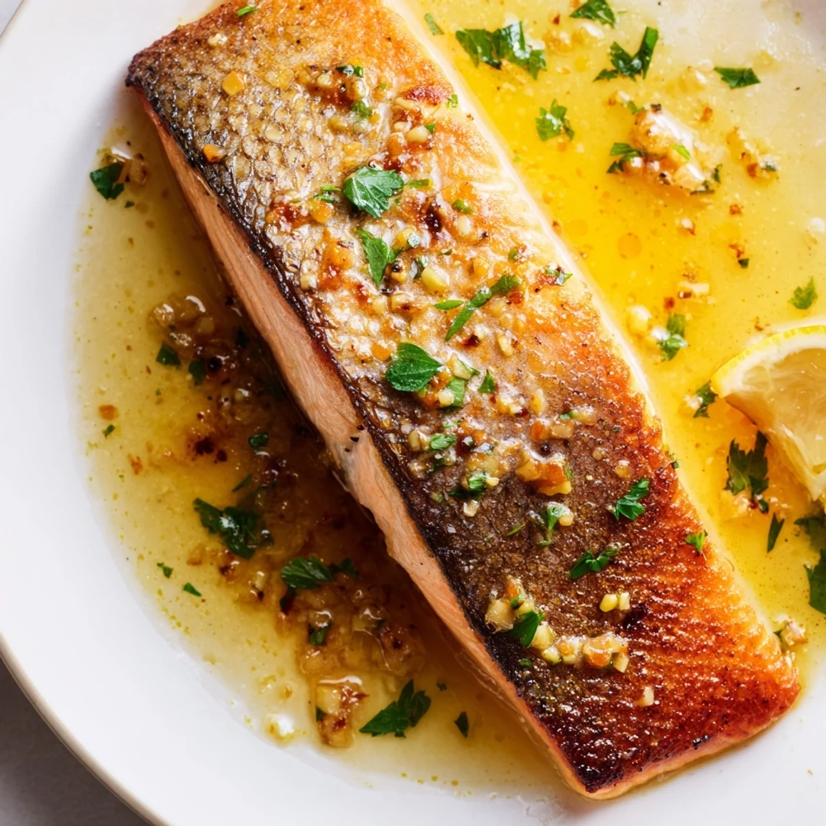 Crispy-skinned garlic butter salmon drizzled with melted butter and fresh parsley