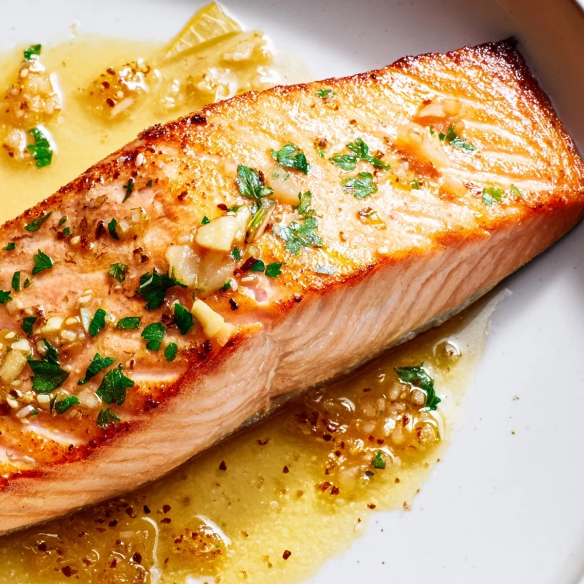 Perfectly seared garlic butter salmon nestled in a rich, aromatic lemon sauce