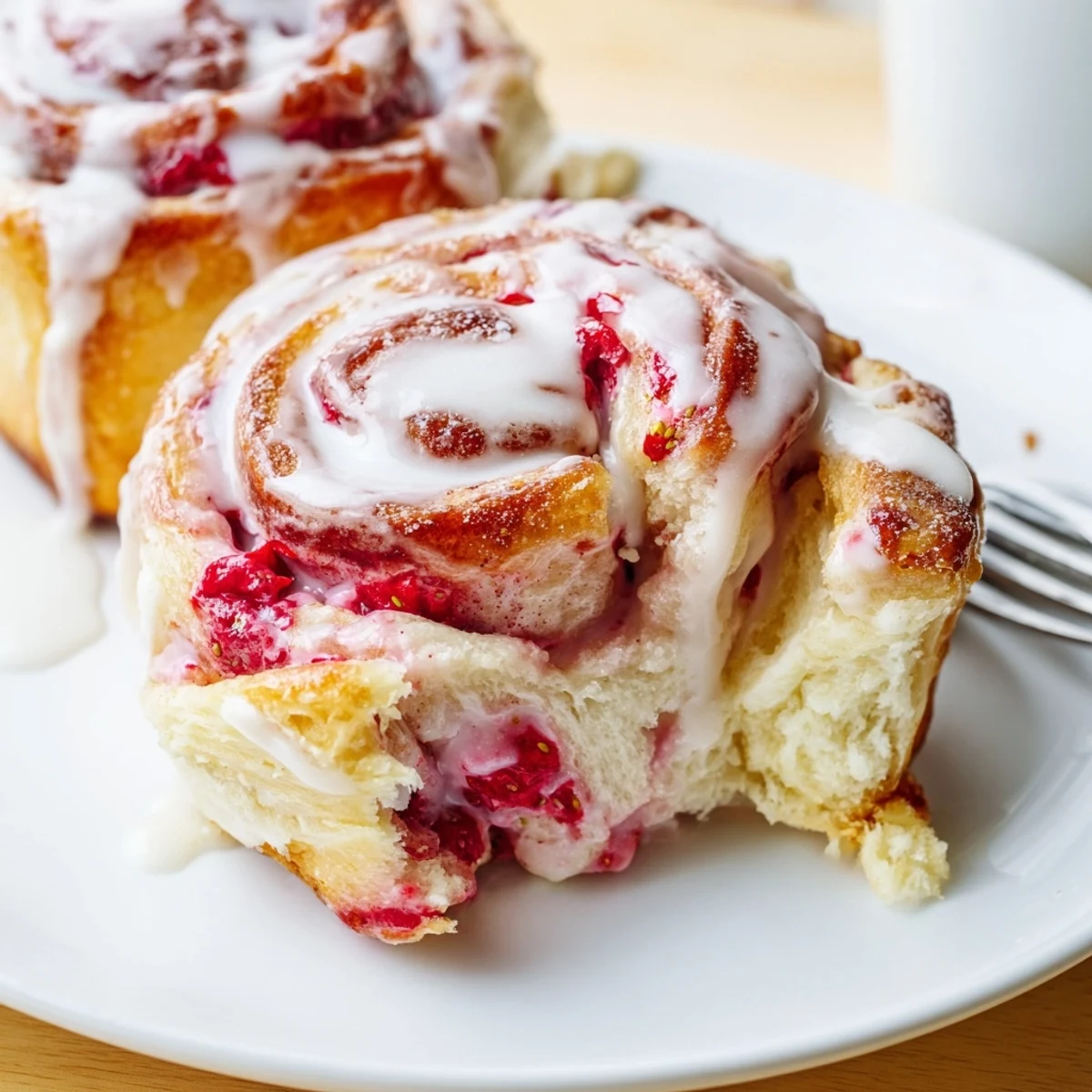 Soft pillowy strawberry cheesecake rolls swirled with creamy filling and bright red berries